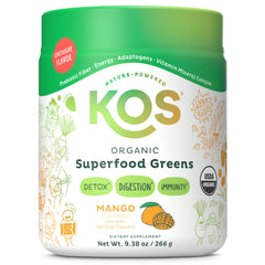 Front view of KOS Organic Superfood Greens Powder Mango tub with 28 servings
