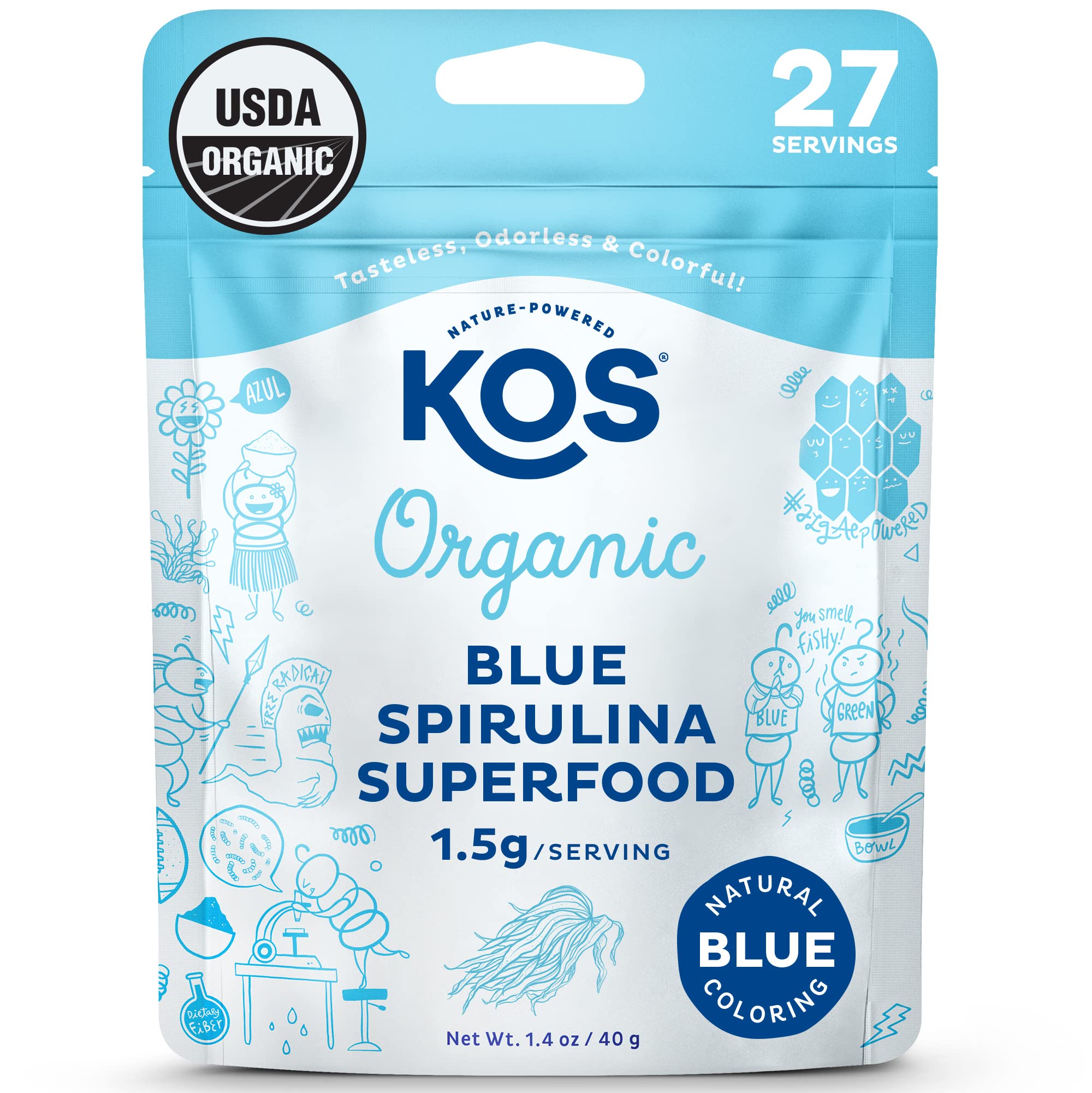 KOS USDA Organic Blue Spirulina Powder in a glass jar