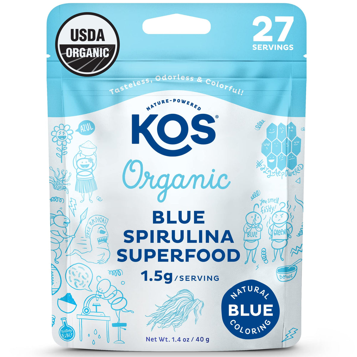 KOS USDA Organic Blue Spirulina Powder in a glass jar