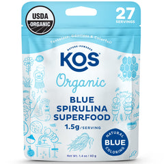 KOS USDA Organic Blue Spirulina Powder in a glass jar