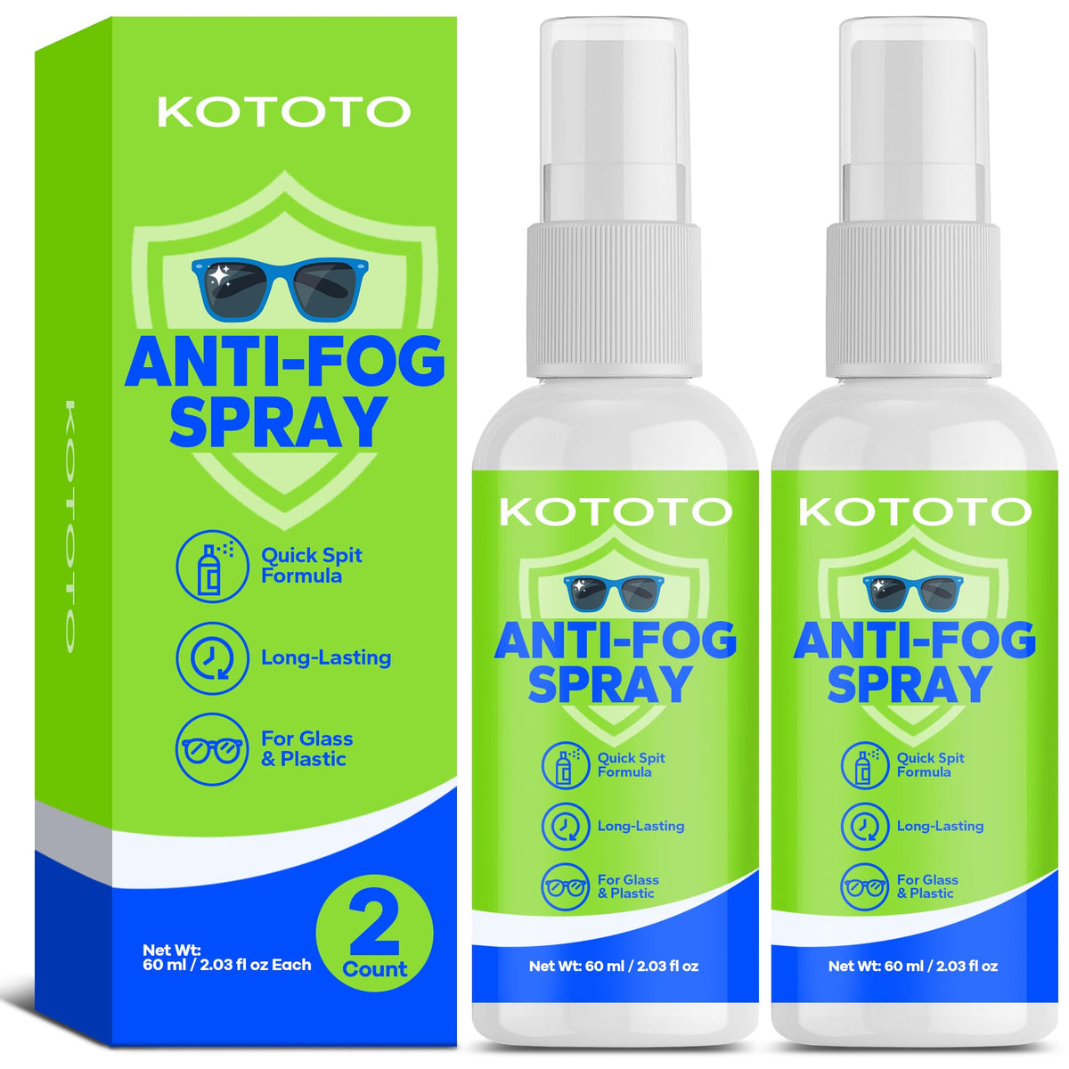 Kototo Eye Glass Cleaner Spray 2 Pack front view with two 60ml bottles