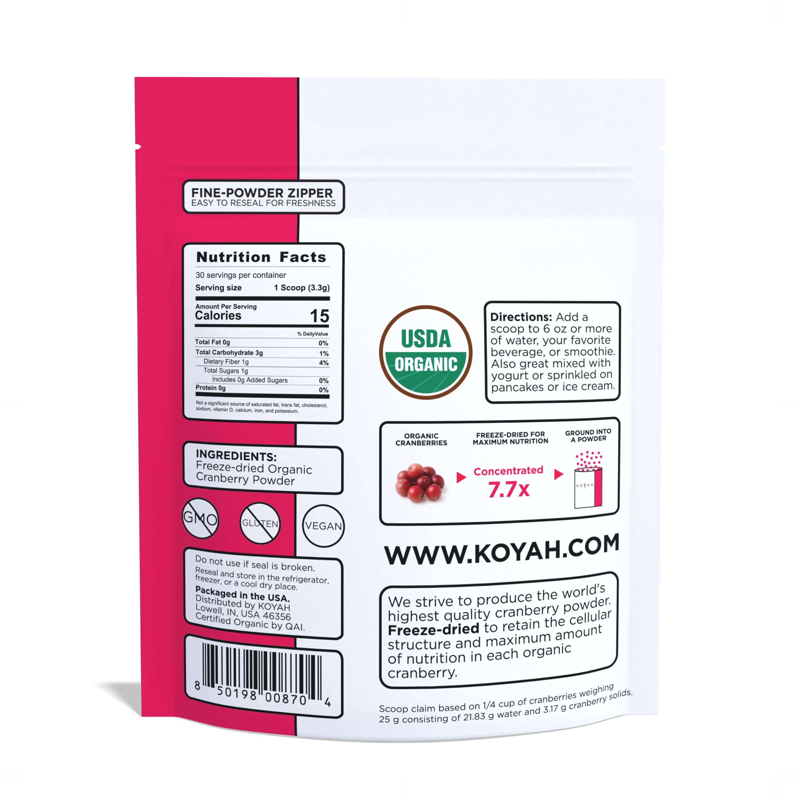 KOYAH Cranberry Powder packaging with label