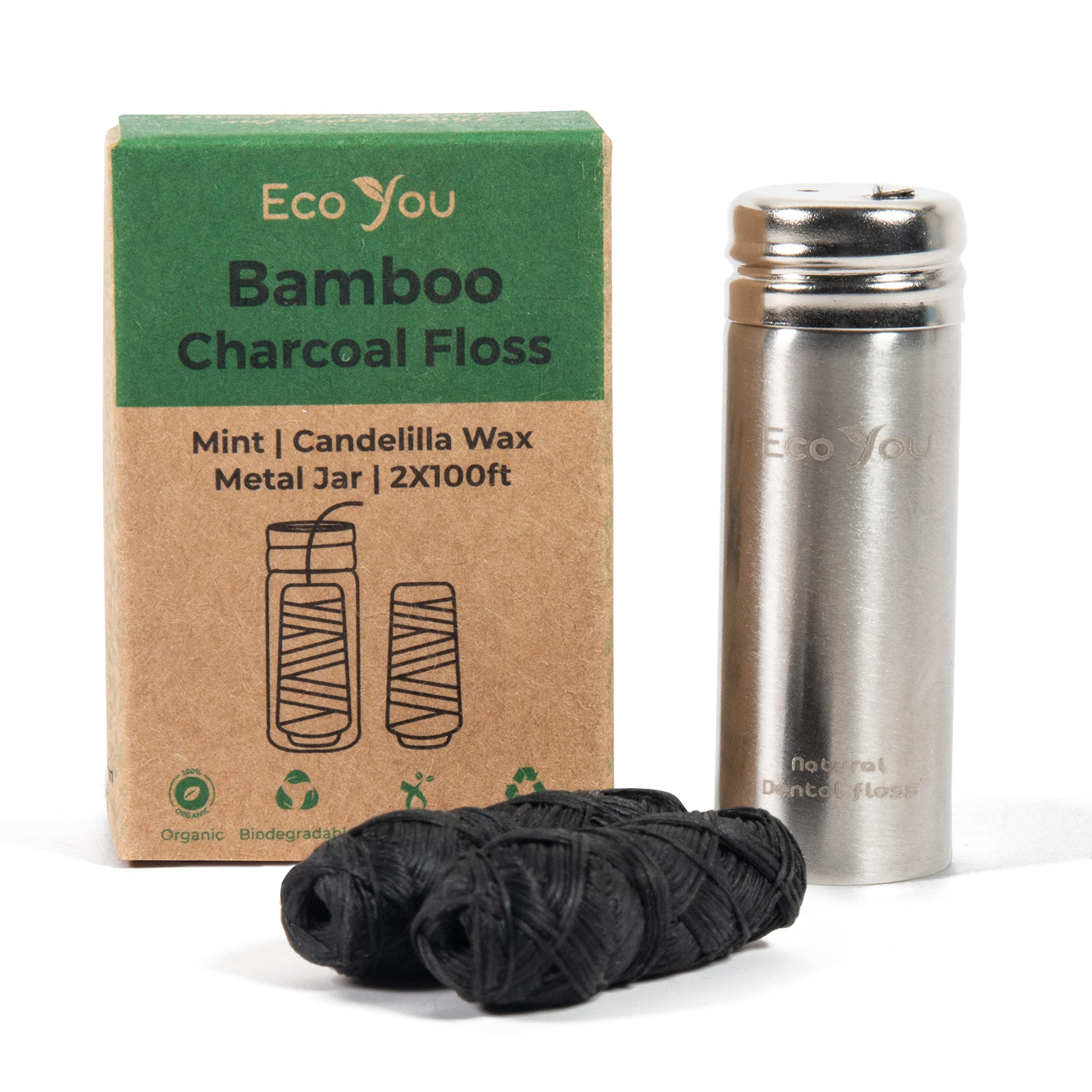 Compostable paper bags containing floss spools