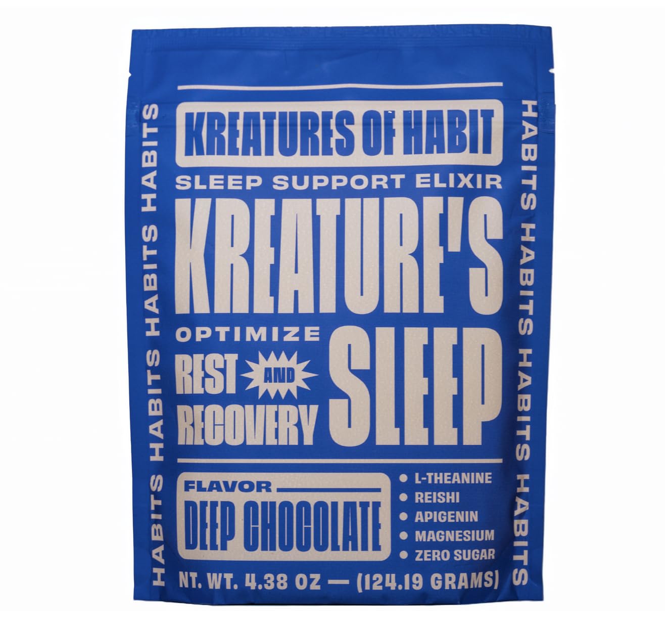 Front view of Kreatures of Habit Sleep chocolate flavor container