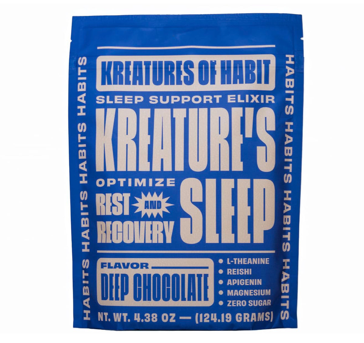 Front view of Kreatures of Habit Sleep chocolate flavor container