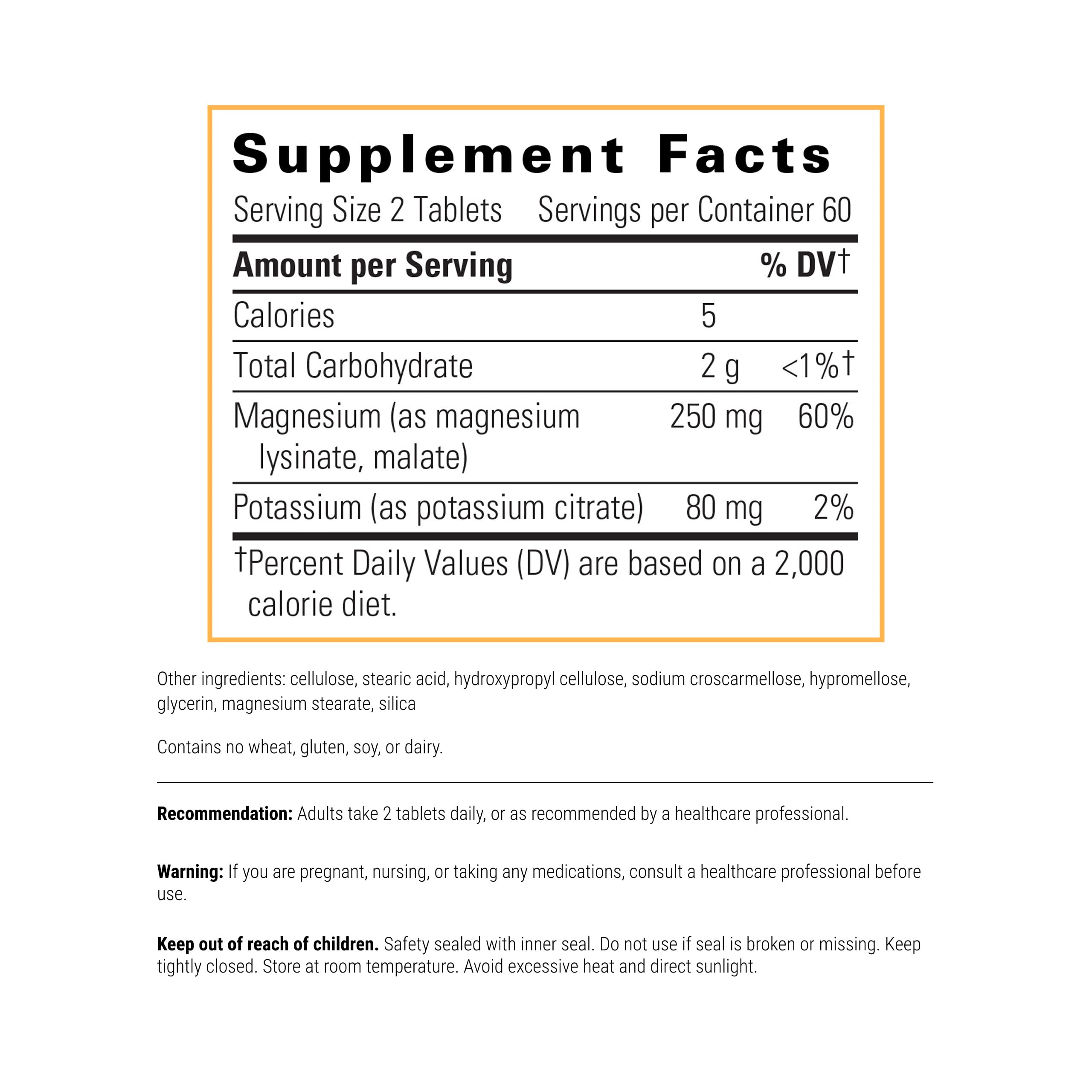 Supplement facts label for Krebs Magnesium Potassium Complex