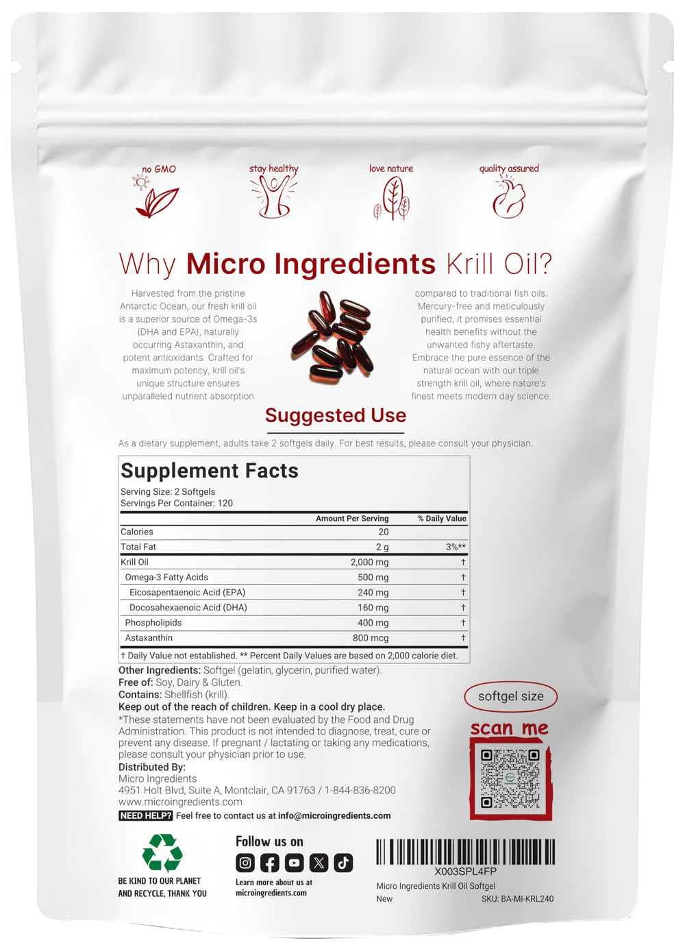 Pouch of Micro Ingredients krill oil with 240 softgels