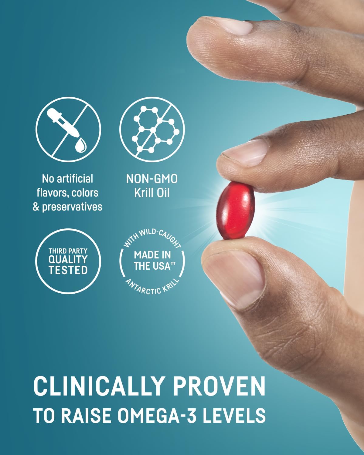 Krill oil with astaxanthin highlighting heart, brain, immune support