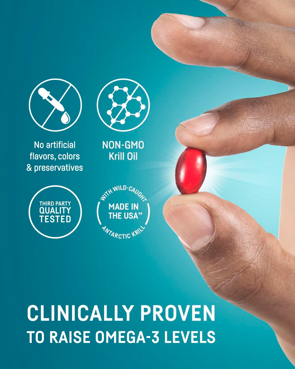 Krill oil with astaxanthin highlighting heart, brain, immune support