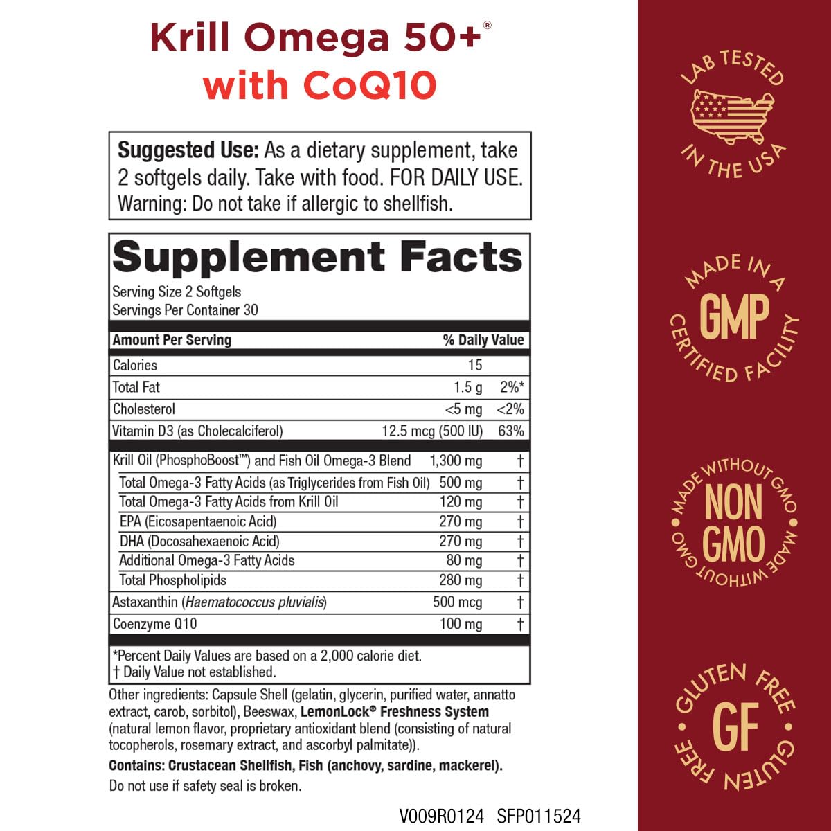 Front view of Purity Products Krill Omega 50+ CoQ10 bottle