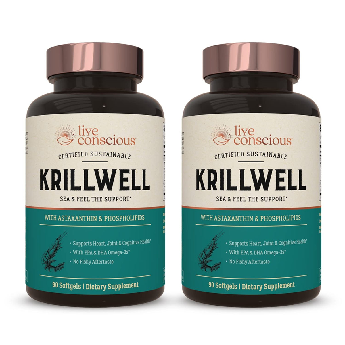 Two-pack Live Conscious KrillWell bottle on white background