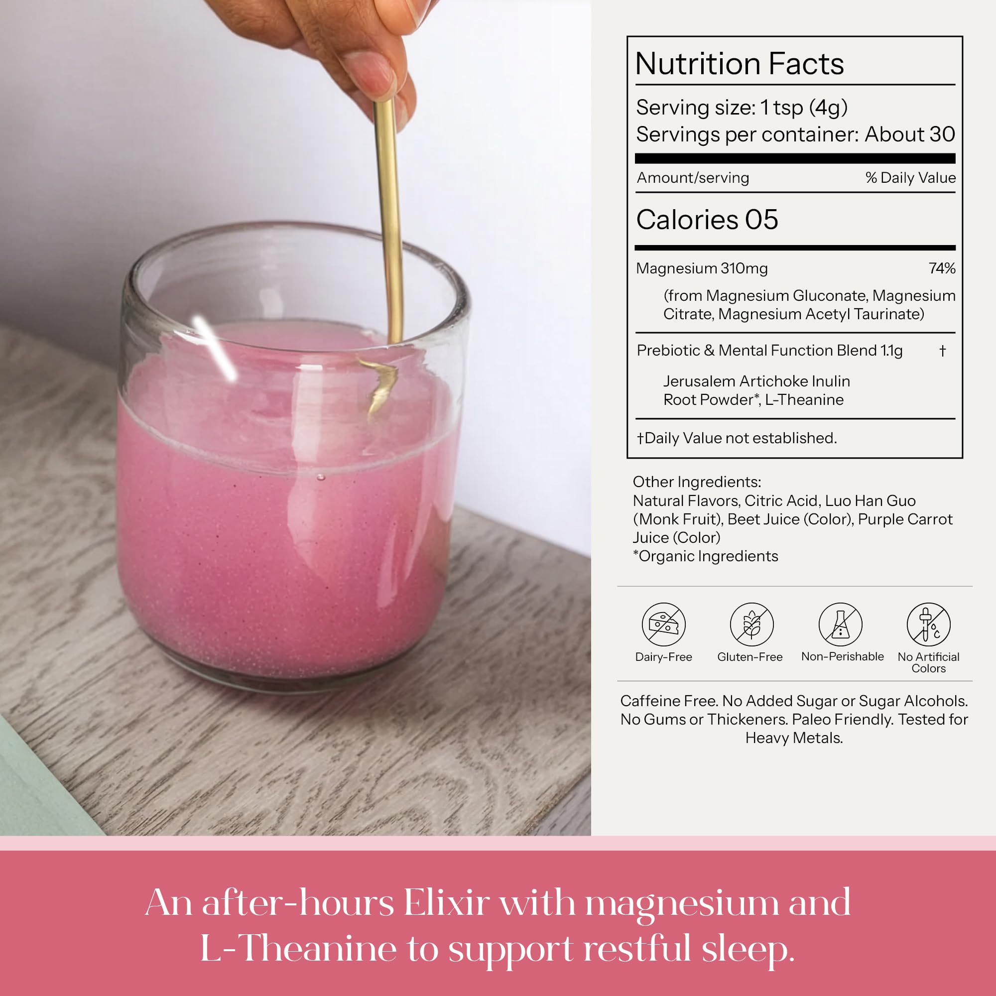 Measuring scoop pouring pink magnesium powder into a glass