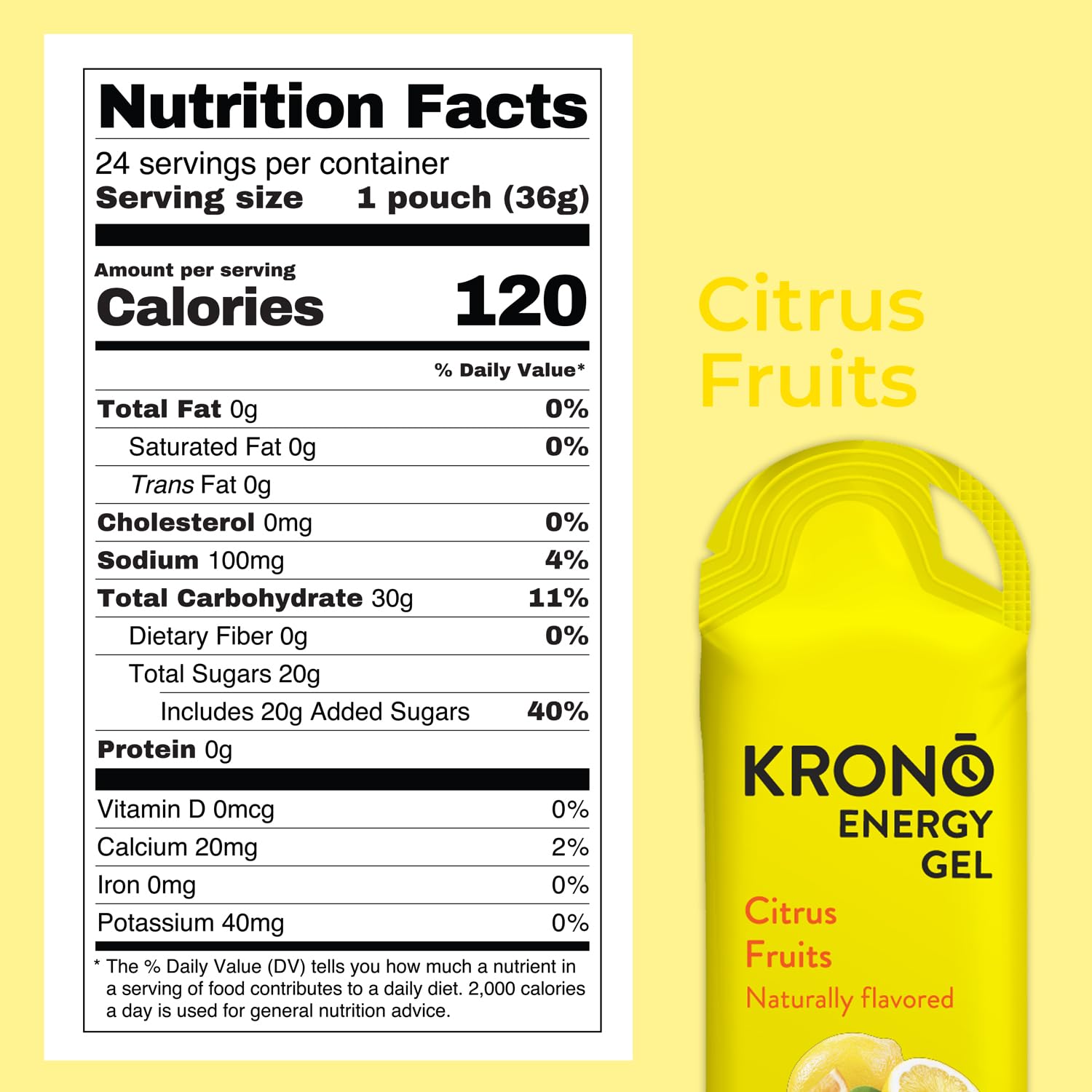 Nutrition facts panel on Krono Energy Gel box