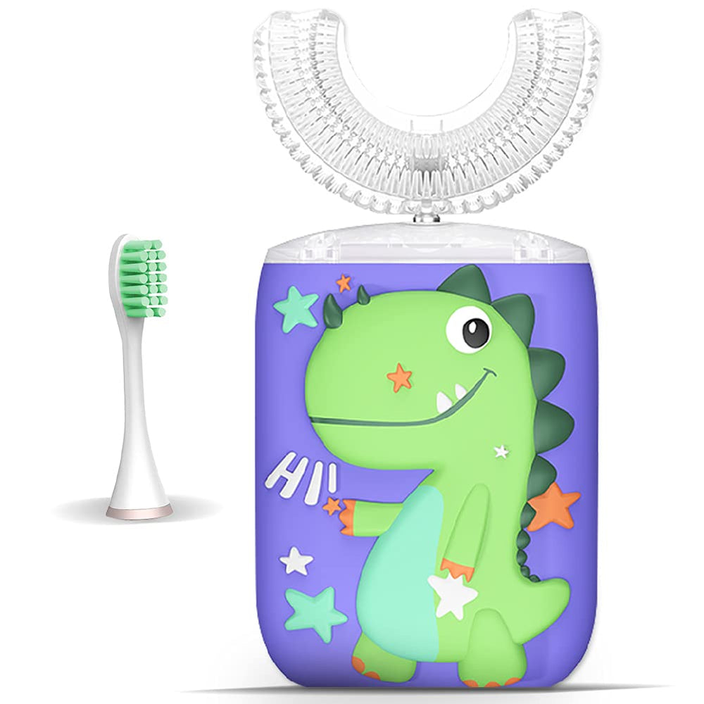 Front view of KRX Kids Electric Toothbrush with green dinosaur design