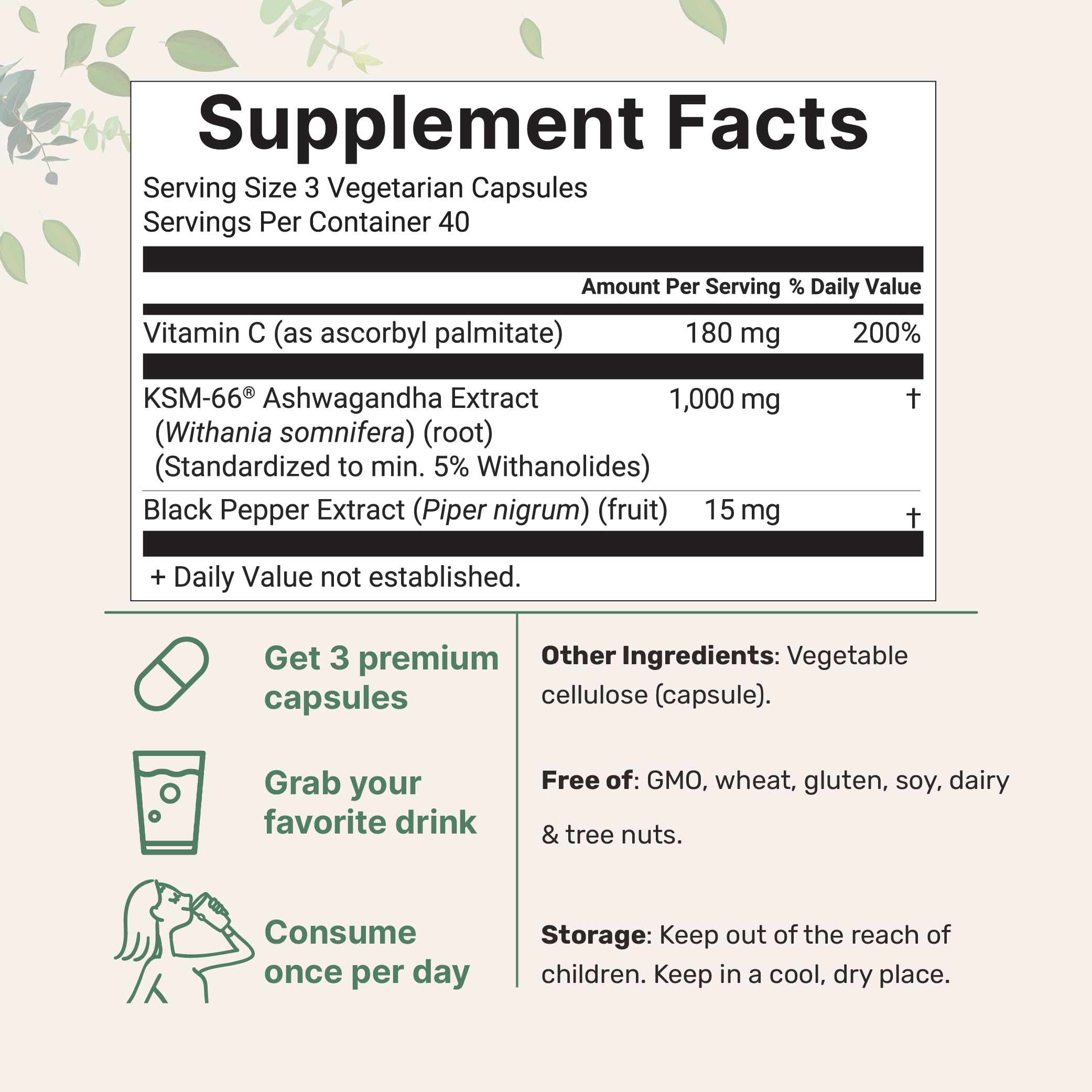 Bottle of KSM-66 Ashwagandha 120 vegetarian capsules with black pepper