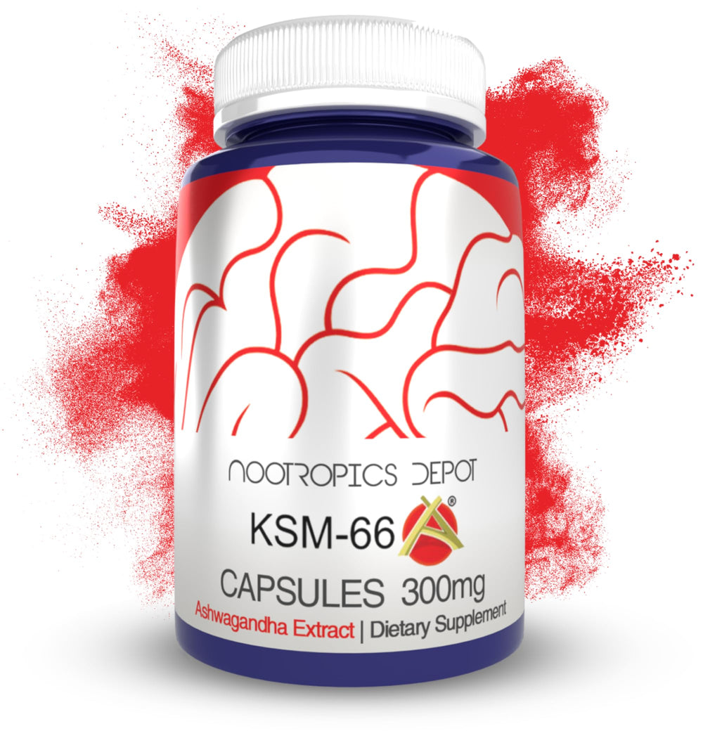 Bottle of KSM-66 Ashwagandha capsules 300mg front view