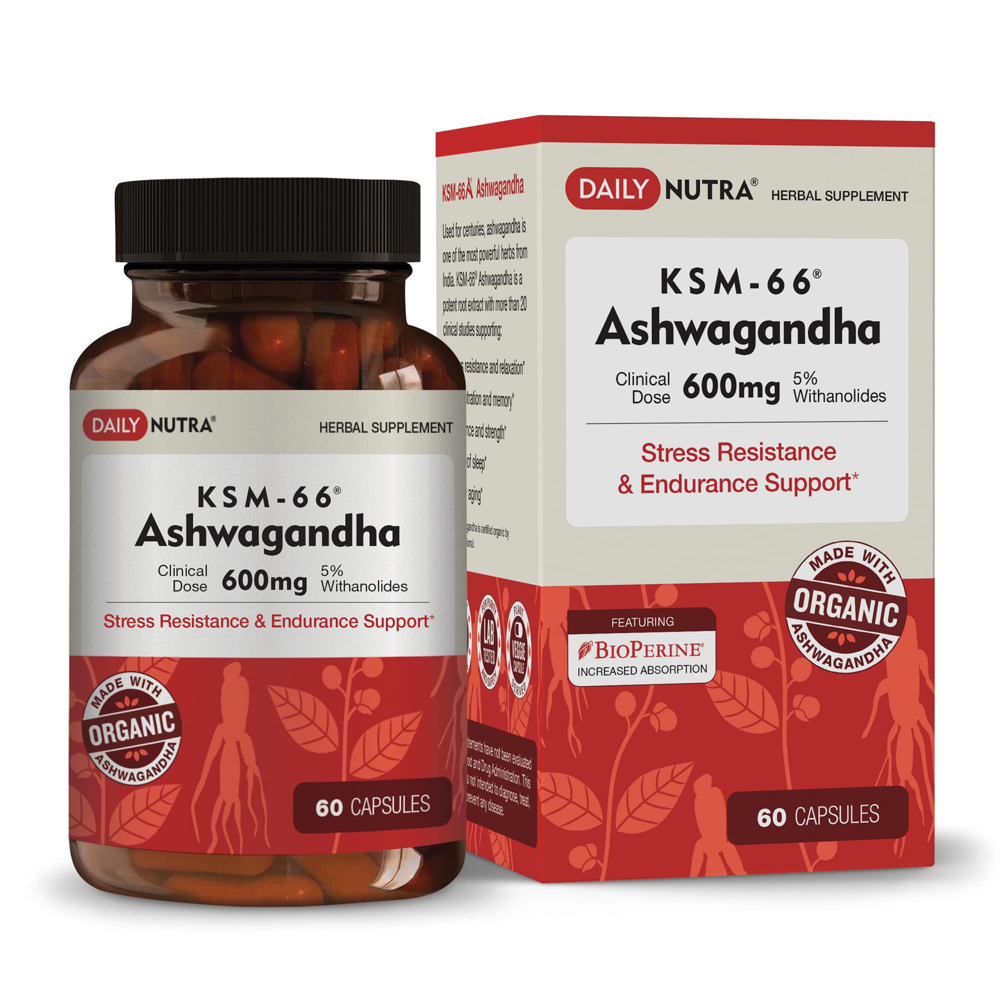 DailyNutra KSM-66 Ashwagandha 600mg bottle with label close-up