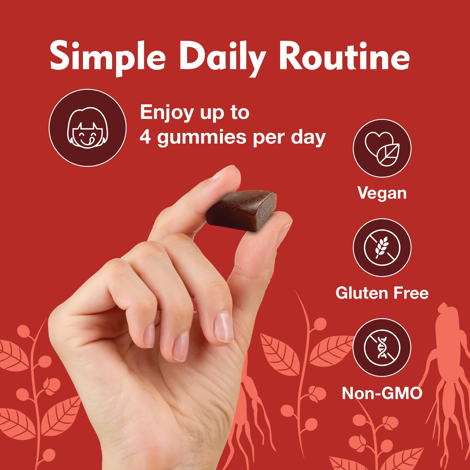 Vegan, non-GMO, gluten-free and gelatin-free icons on bottle