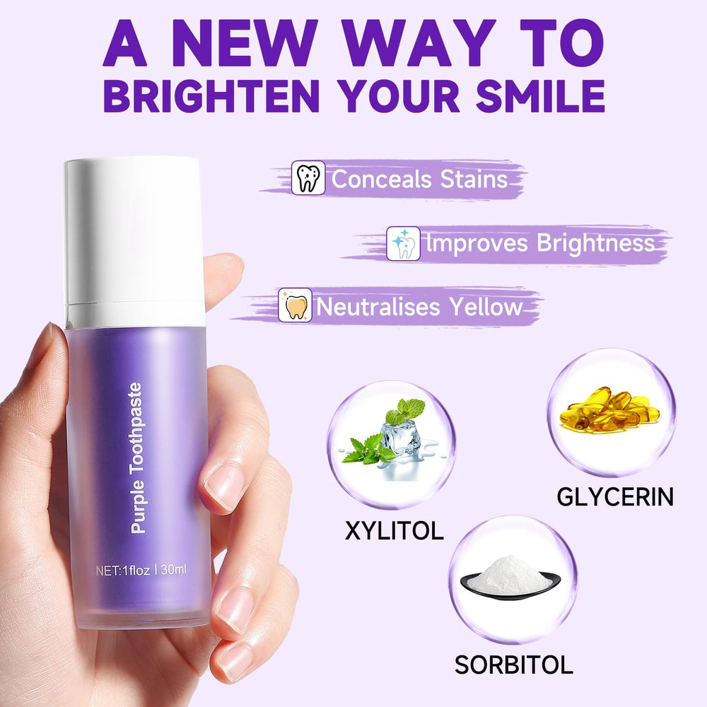 Bright white smile using purple whitening toothpaste