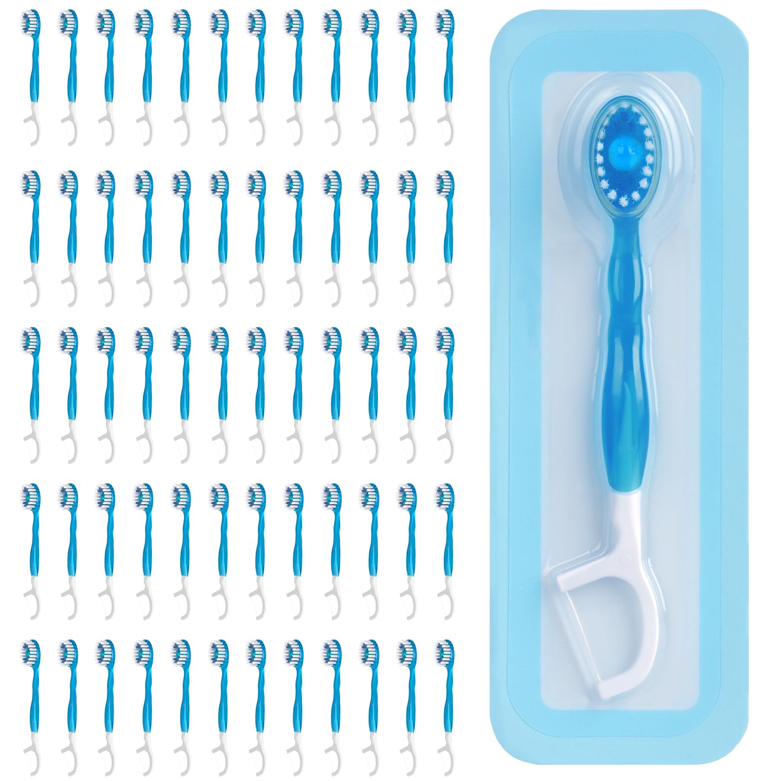 Kucbraly mini travel toothbrush 60-count with 5-in-1 features: floss, toothpick, tongue scraper, and pre-pasted toothpaste