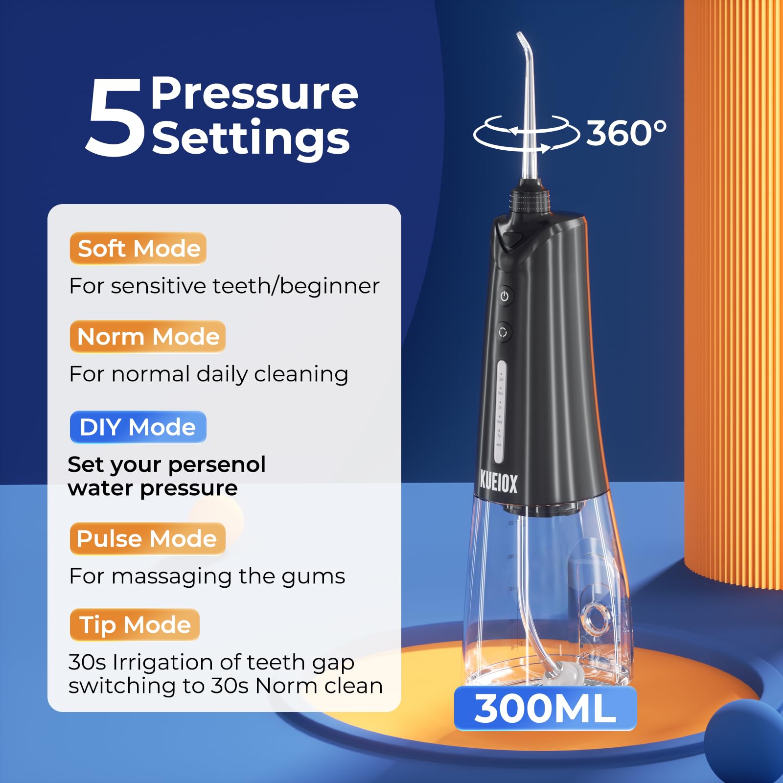 KUEIOX 5 modes for toothbrush and flosser combo illustration