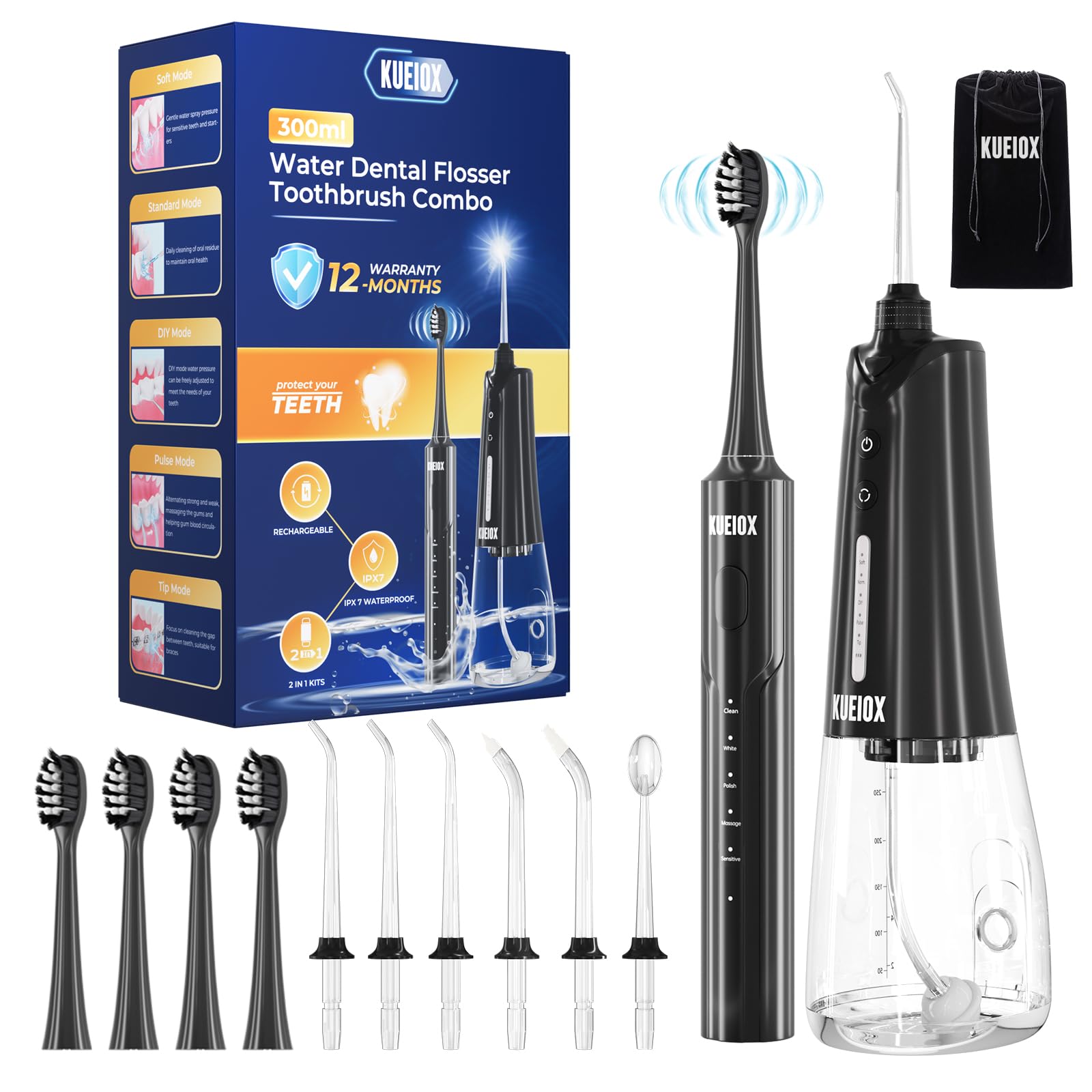 KUEIOX Electric Toothbrush with Water Flosser in black, front view