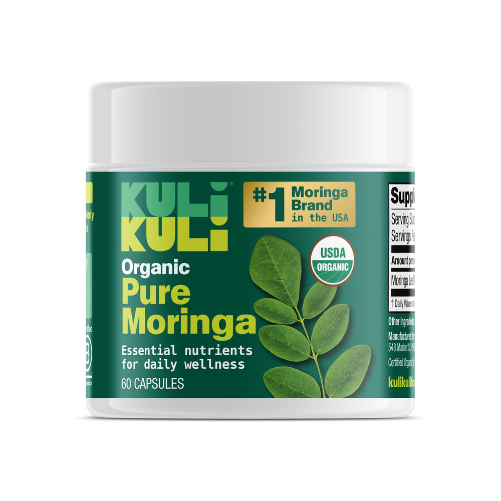 Front packshot showing Kuli Kuli Organic Moringa Capsules 60-count