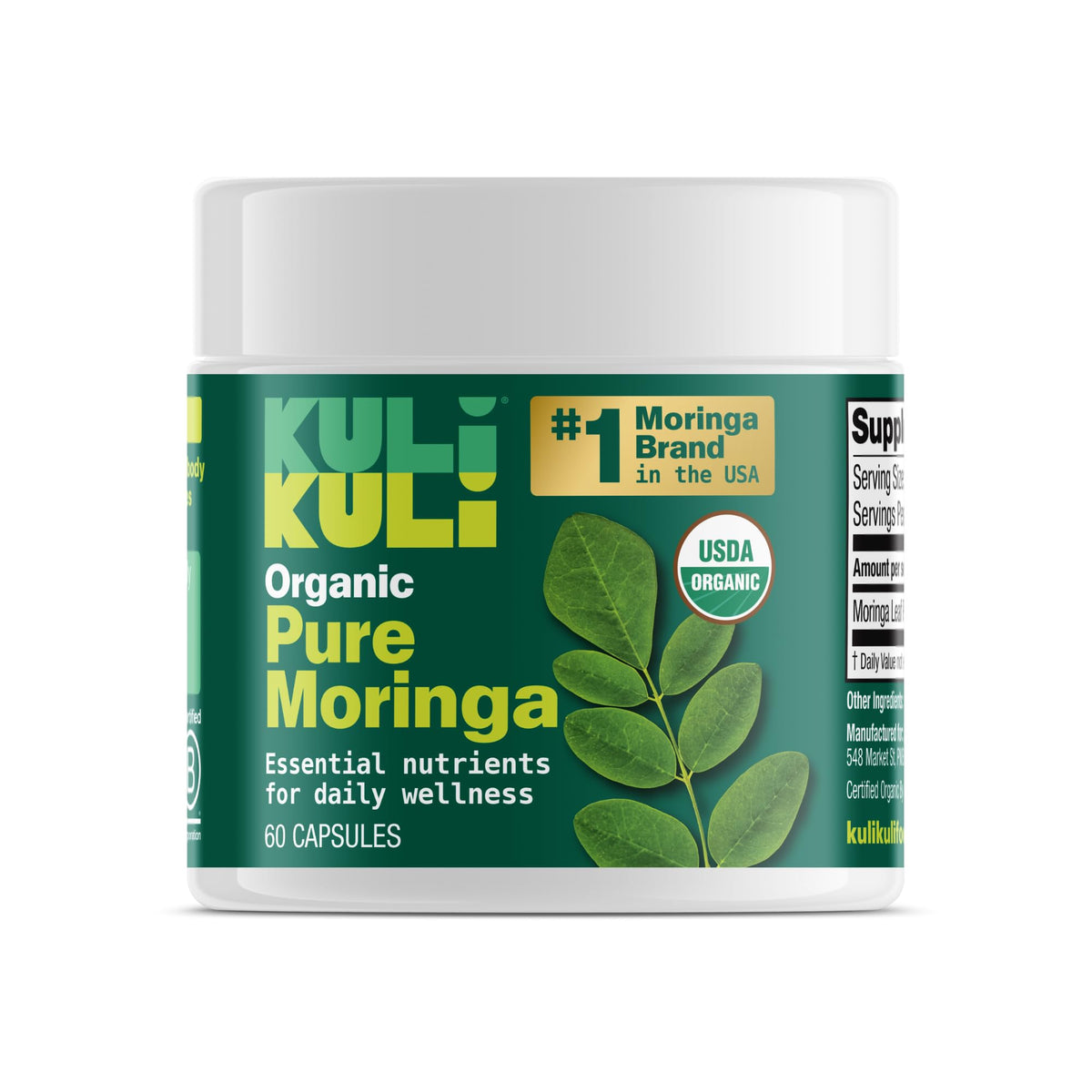 Front packshot showing Kuli Kuli Organic Moringa Capsules 60-count
