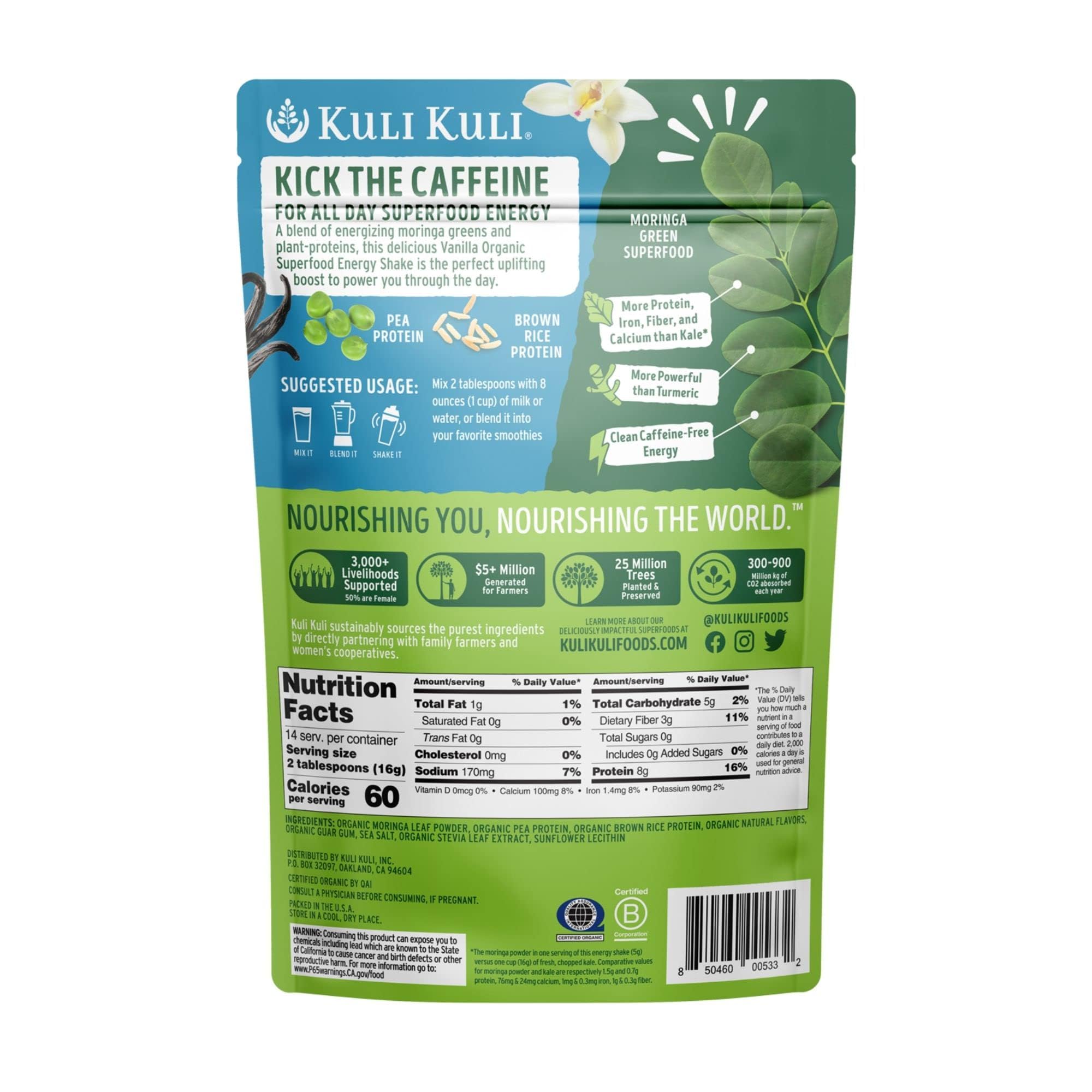 Kuli Kuli moringa greens smoothie being poured into blender for smoothies.