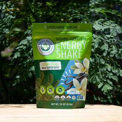 Kuli Kuli moringa greens powder close-up highlighting 8g protein.