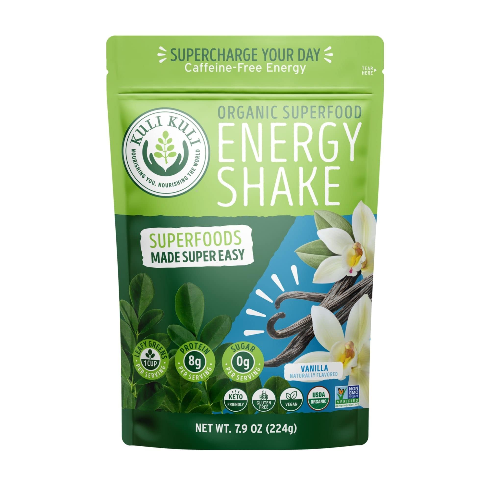 Kuli Kuli Organic Moringa Greens Smoothie Vanilla pouch ready for plant-based shakes.
