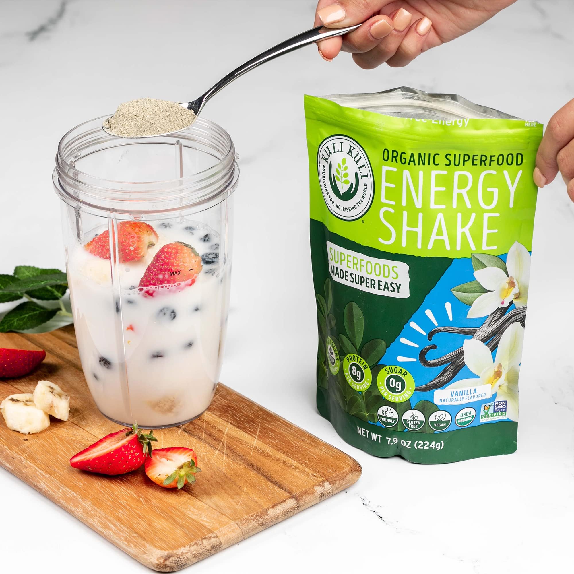 Kuli Kuli US-made packaging on vegan smoothie mix pouch.