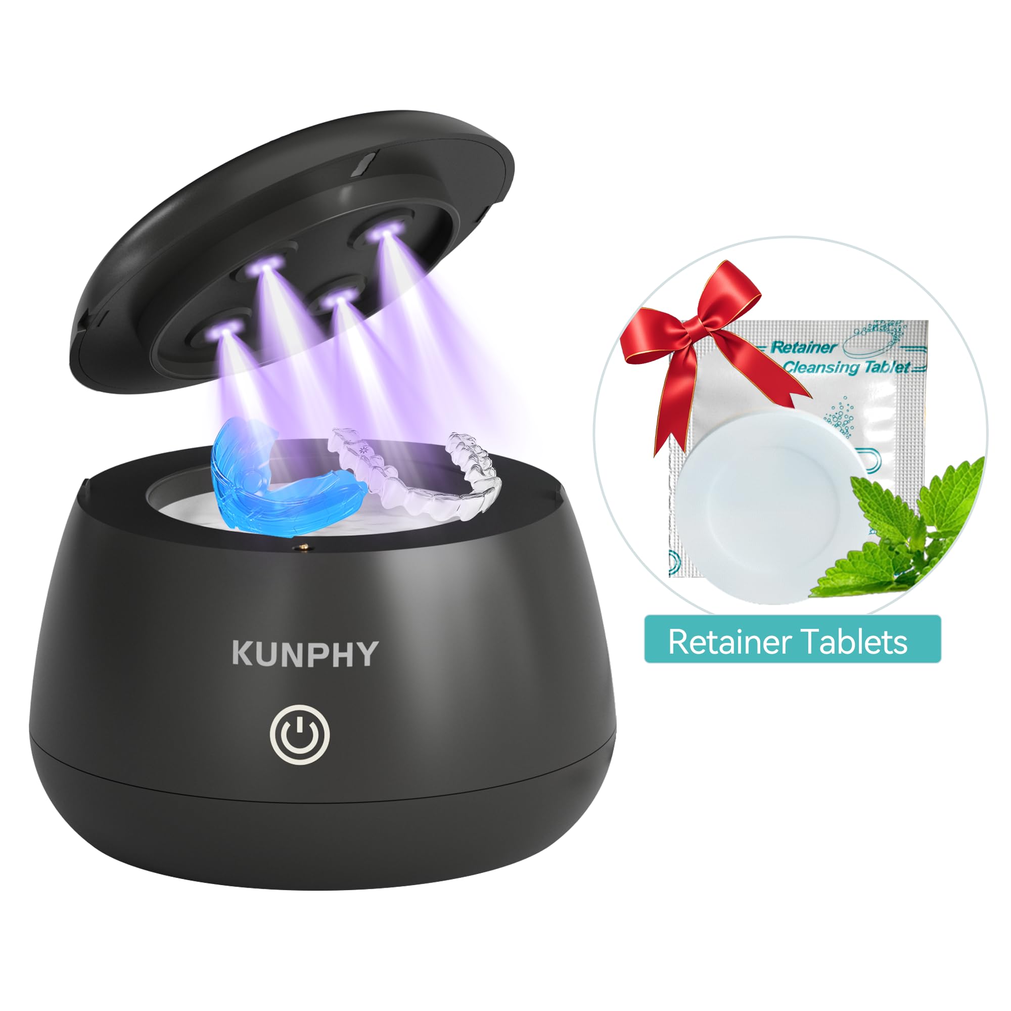 KUNPHY Ultrasonic Retainer Cleaner device with cleaning tablets in a compact black unit