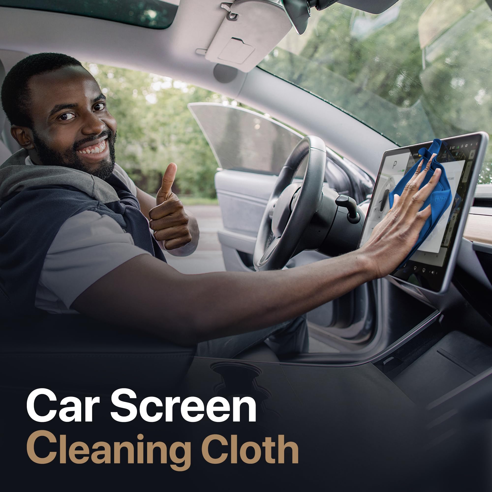 TV screen being wiped with navy blue microfiber cleaning cloth
