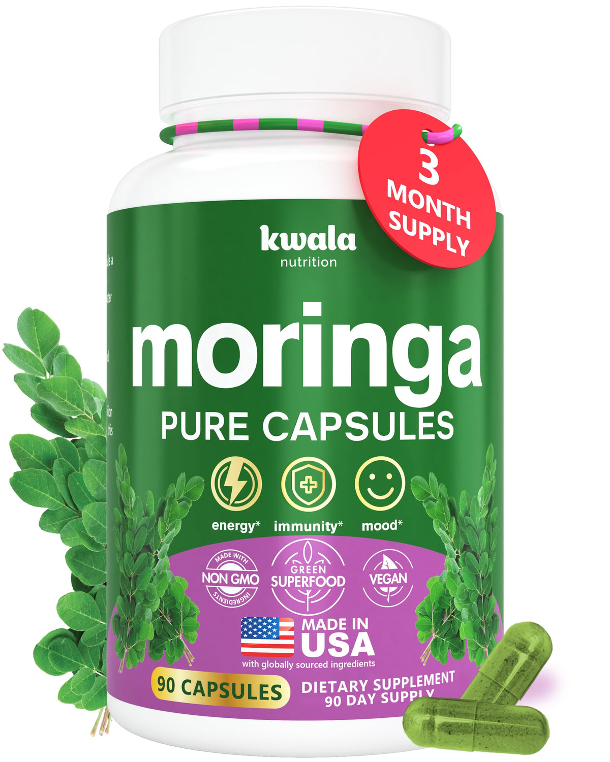Kwala Nutrition Moringa Capsules – 90-count bottle on display