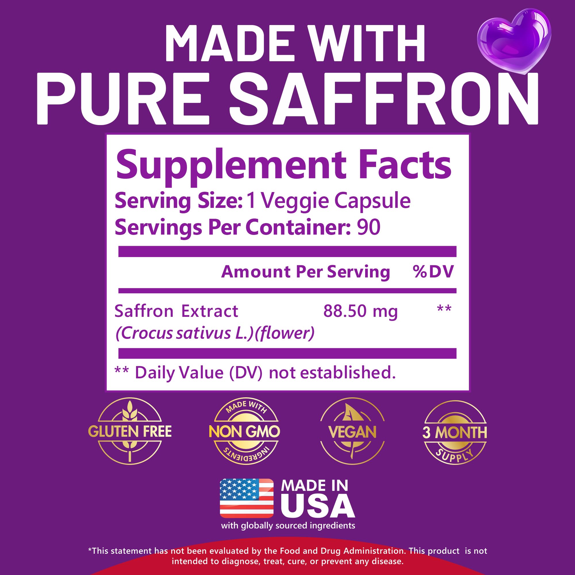 Made in USA, vegan and non-GMO badges on saffron supplement packaging