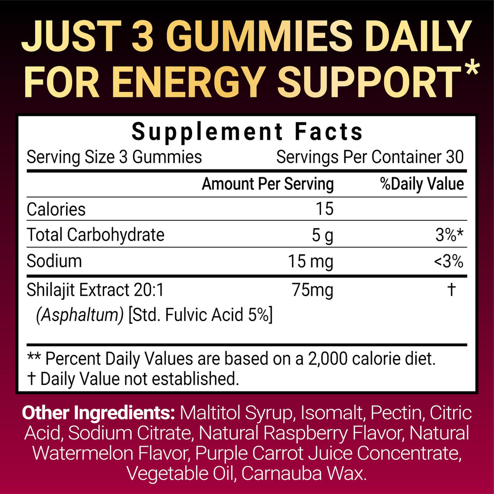 Vegan, non-GMO, gluten-free packaging for Shilajit Gummies