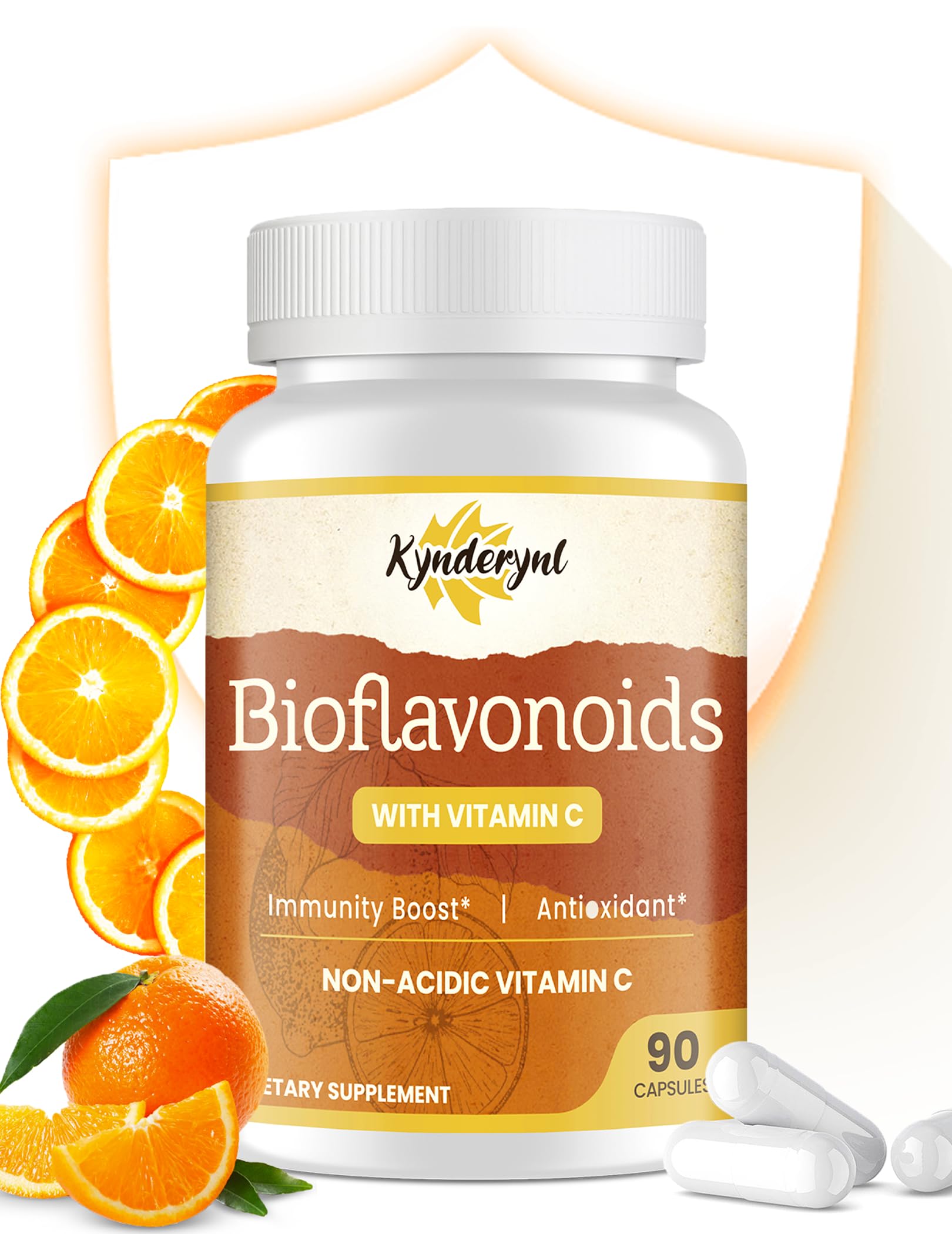 Kynderynl Vitamin C supplement bottle with 1000mg Vitamin C and 1100mg citrus bioflavonoids