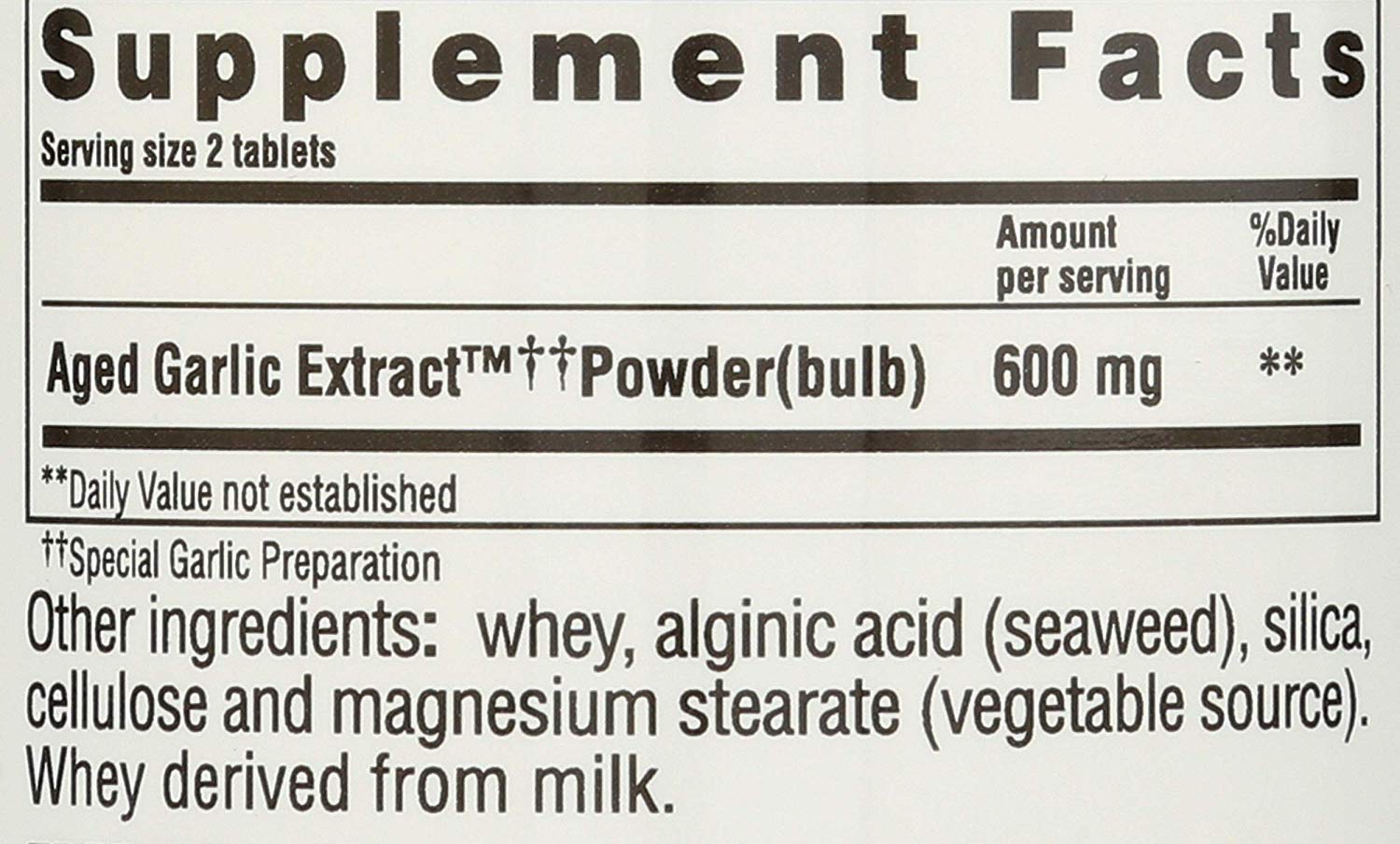Close-up of Kyolic garlic supplement bottle label