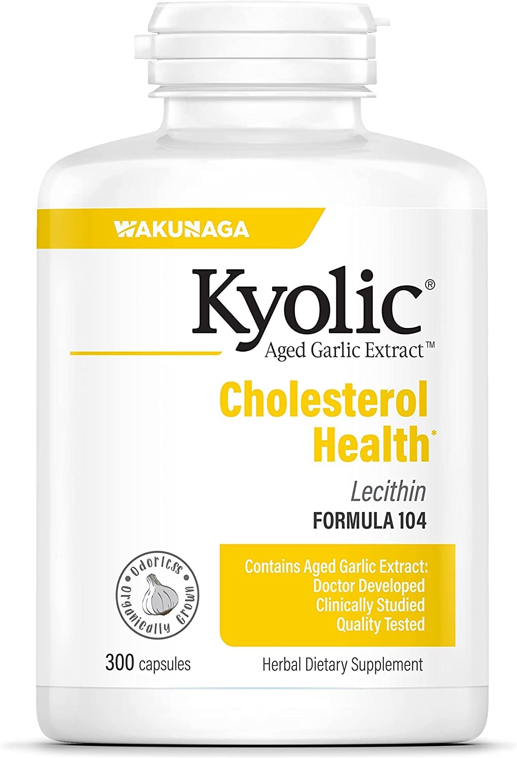 Close-up of Kyolic 104 Garlic Extract with Lecithin capsules