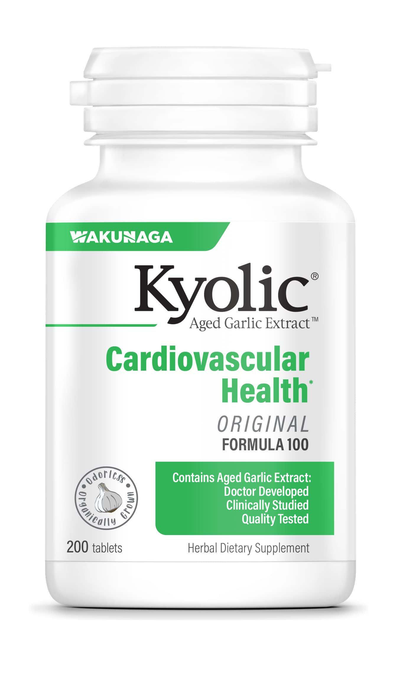 Kyolic Aged Garlic Extract Formula 100 bottle displaying 200 tablets