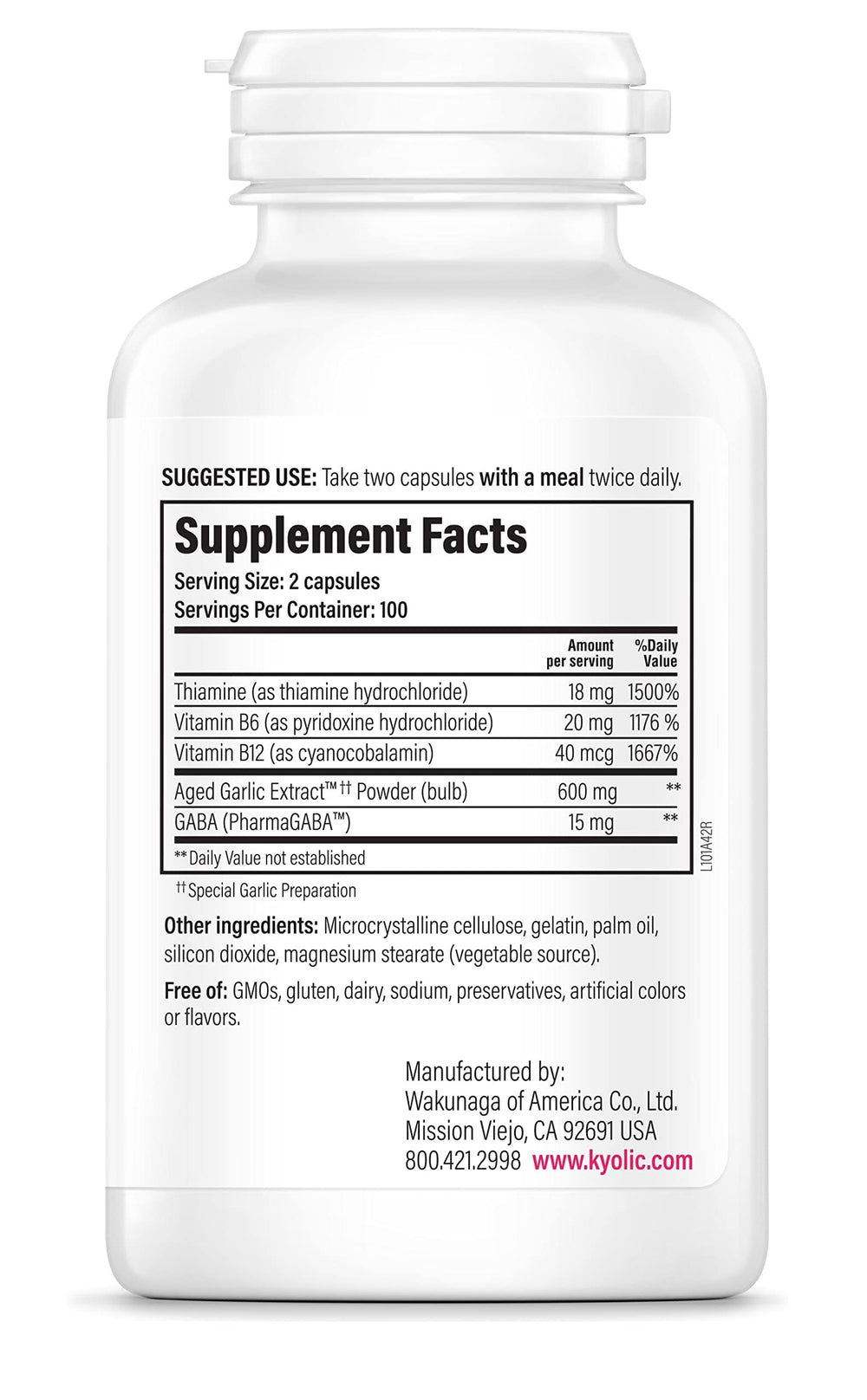 Close-up of Kyolic Formula 101 label highlighting odorless, organic garlic