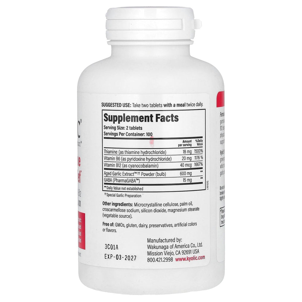 Close-up of Kyolic Aged Garlic Extract Formula 101 packaging and 200 tablets