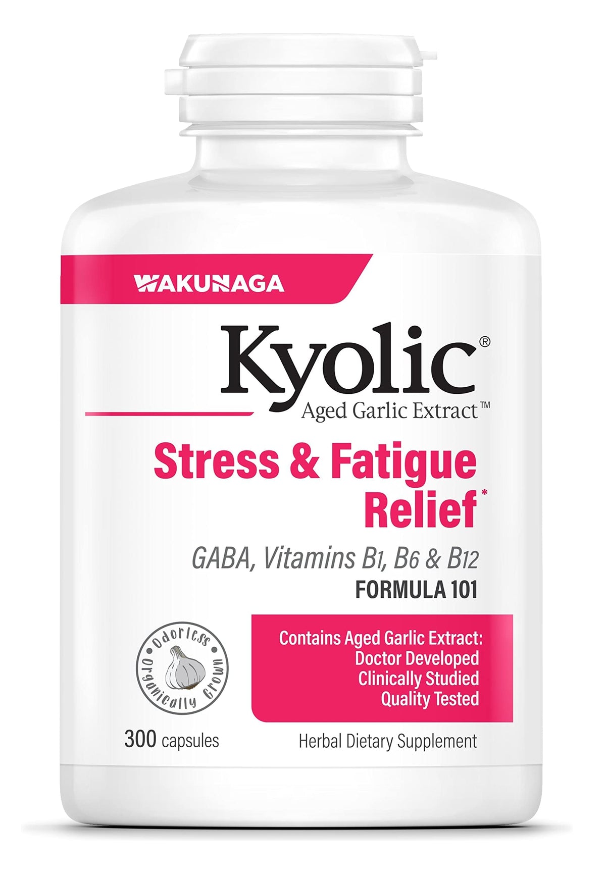 Front view of Kyolic Aged Garlic Extract Formula 101 bottle with 300 capsules