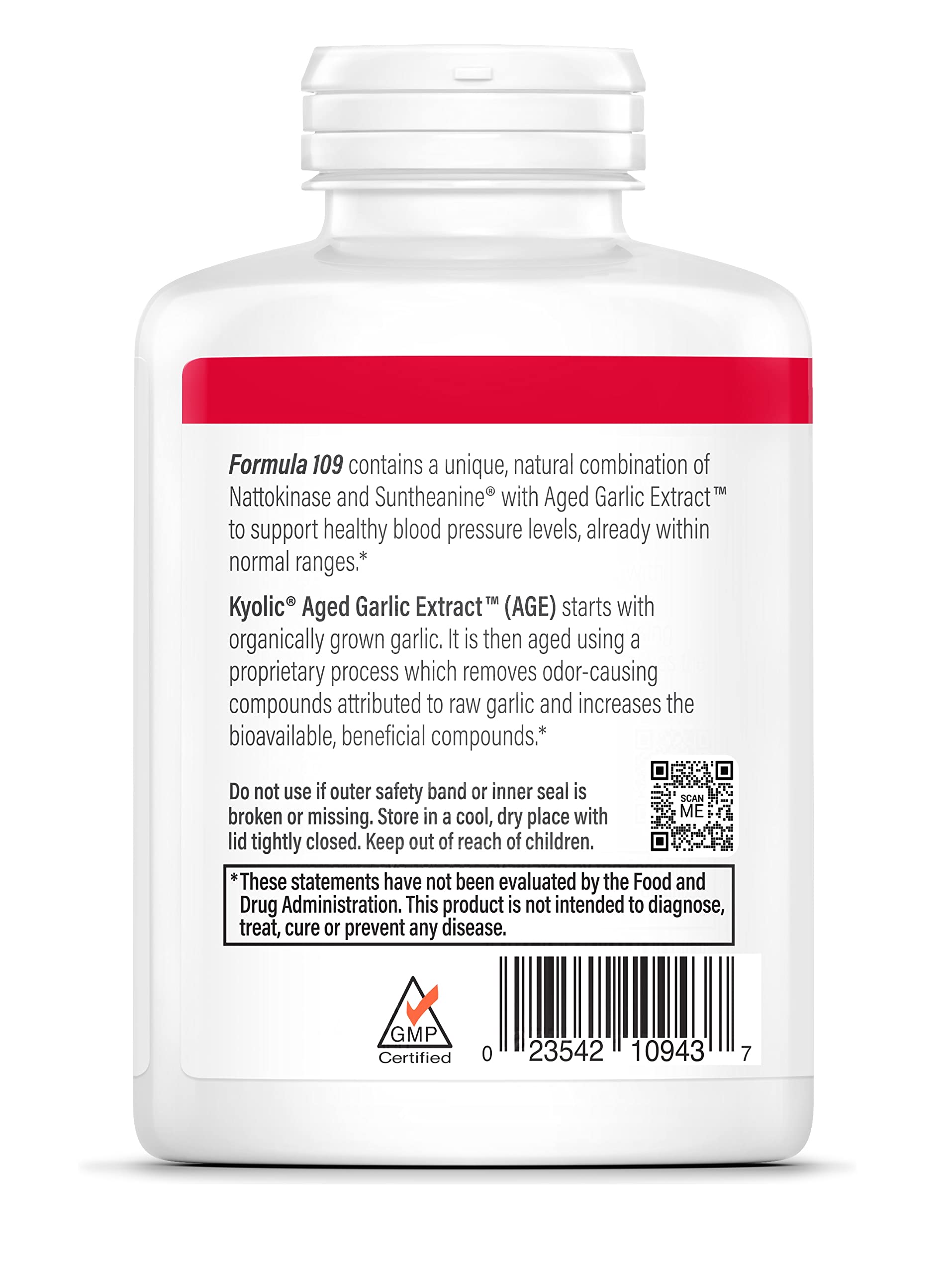 Label for Kyolic Aged Garlic Extract Formula 109 showing ingredients