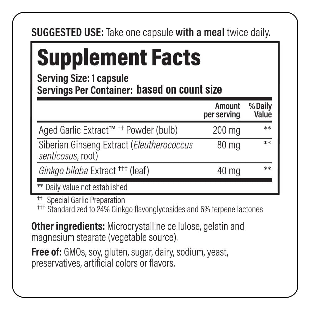 Close-up of Brain Memory ingredients: Aged Garlic Extract, Ginkgo Biloba, Eleuthero