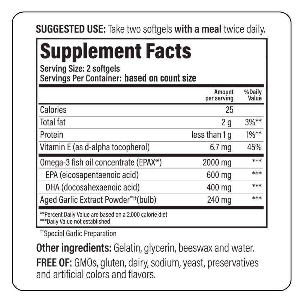 Kyolic EPA Omega-3 fish oil softgels image emphasizes heart and circulation support.