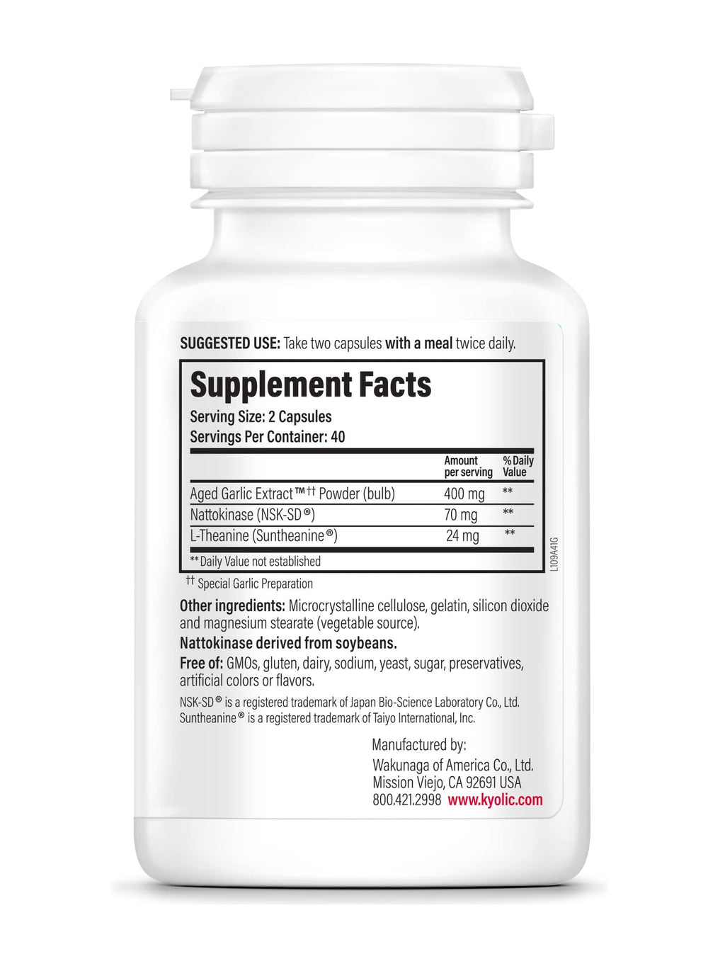 Back label details of Kyolic Formula 109 bottle