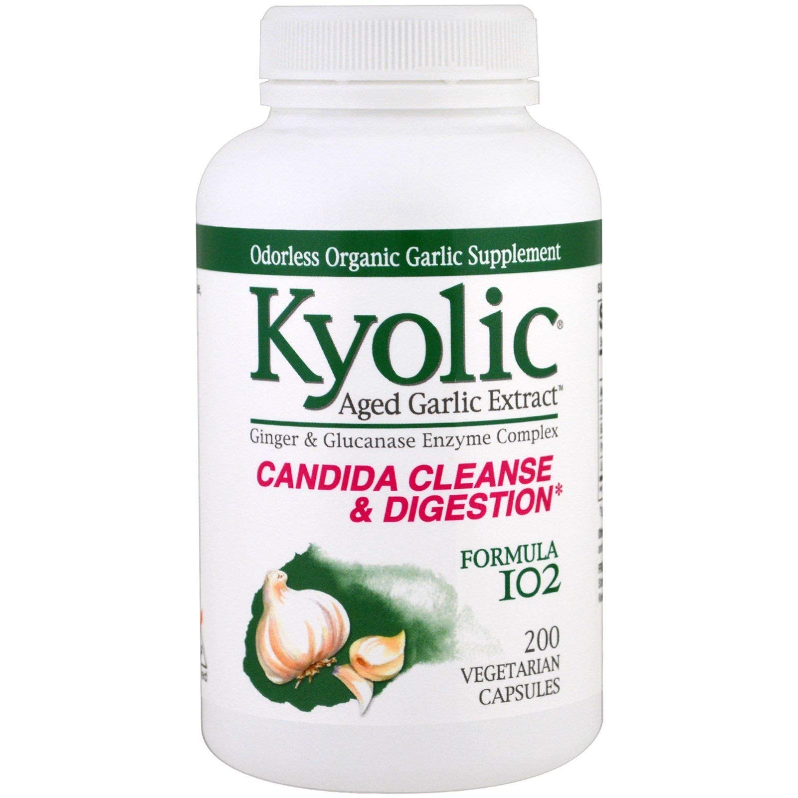 Kyolic Garlic with Enzyme bottle front highlighting vegan capsules for daily wellness