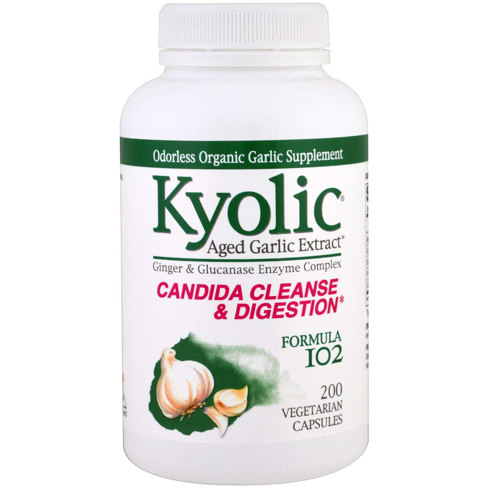 Kyolic Garlic with Enzyme bottle front highlighting vegan capsules for daily wellness